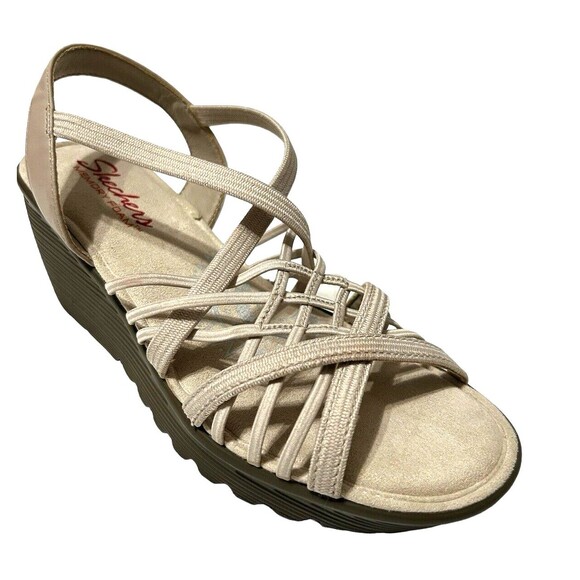 Skechers Memory Foam Multi Gore Sling Back Wedge Strappy Beige Sandals Sz 7.5? - Picture 1 of 16